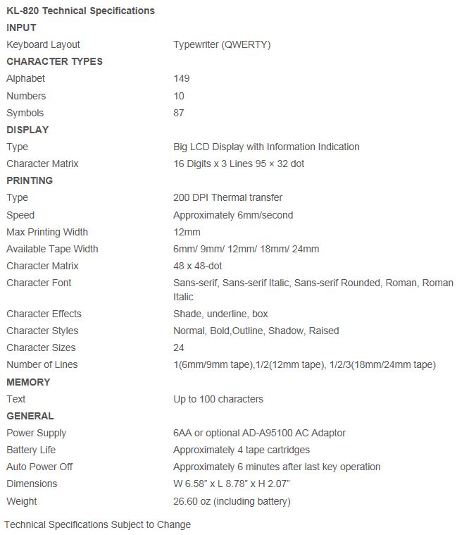 Casio KL-820 Label Printer Specifications
